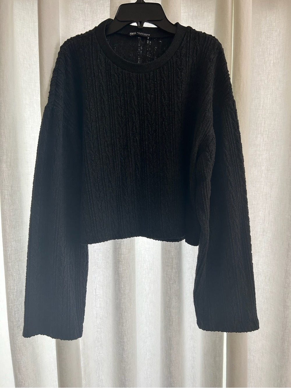 Zara Gray/Black Cable-Textured Crewneck Sweater